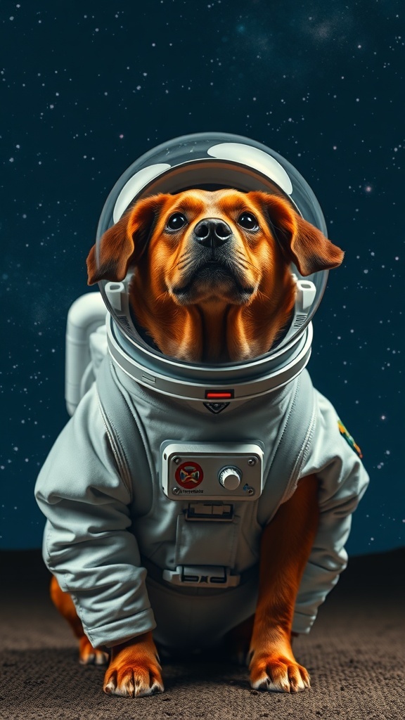 A dog dressed in an astronaut costume, complete with a helmet and space suit, set against a starry background.