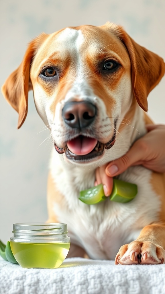 A dog receiving aloe vera gel application for skin irritation