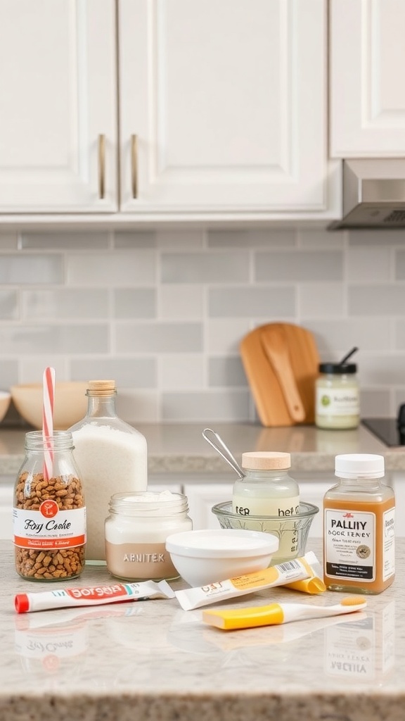 Ingredients for homemade dog toothpaste on a kitchen counter