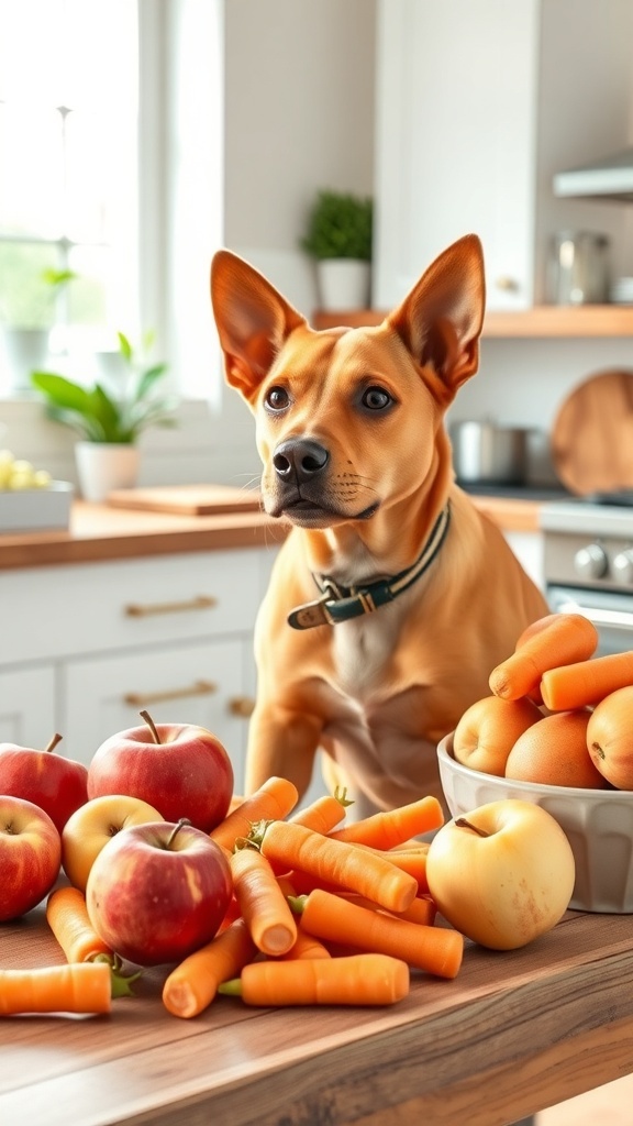 A dog resting its head on a table surrounded by carrots and an apple, suggesting homemade dog treats.