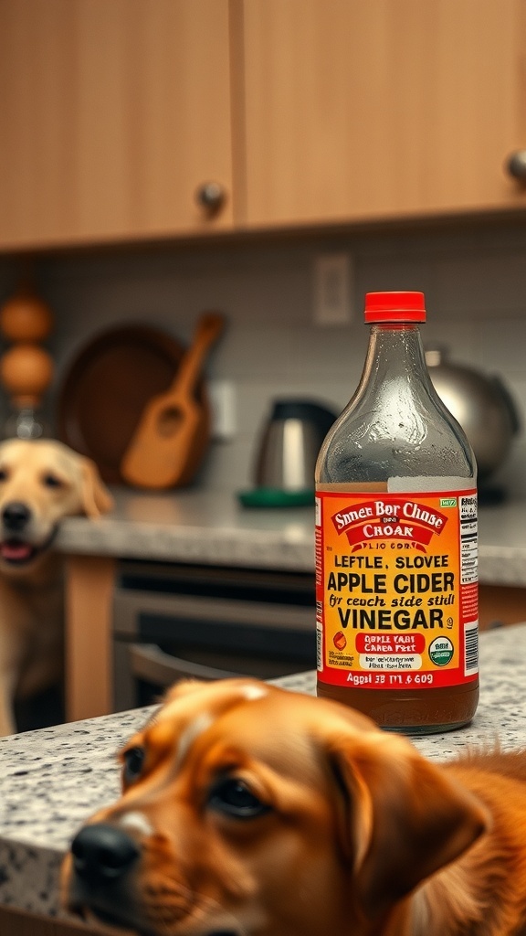 A bottle of apple cider vinegar on a kitchen counter with two dogs in the background.