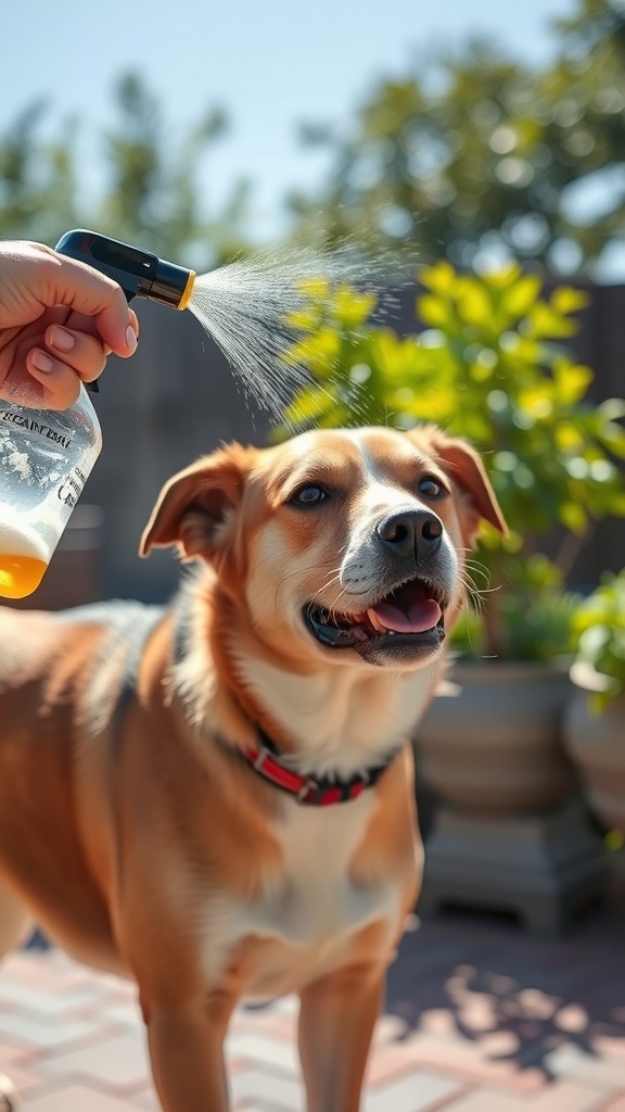A person spraying a dog with apple cider vinegar solution for itch relief