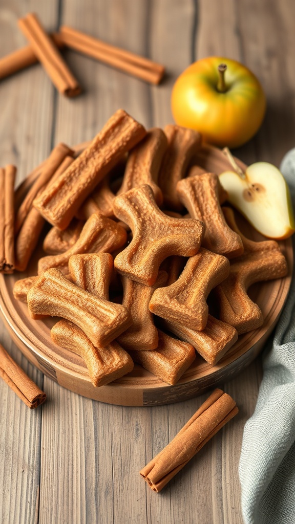A plate of homemade apple cinnamon dog treats shaped like bones, with cinnamon sticks and an apple in the background.