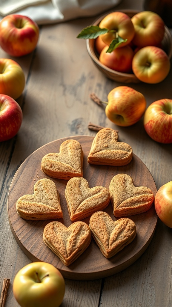 Heart-shaped homemade dog treats made with apples and cinnamon, surrounded by fresh apples.