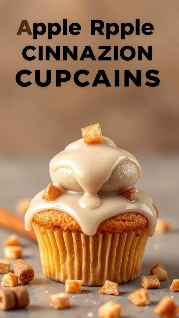 A delicious apple cinnamon dog muffin topped with a light glaze and surrounded by small apple pieces.