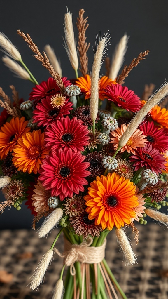 A vibrant autumn wildflower bouquet featuring orange, red, and yellow flowers with pampas grass.