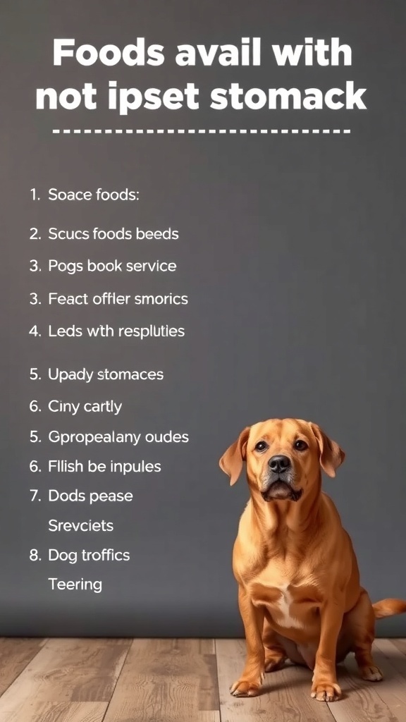A list of foods suitable for dogs with upset stomachs, alongside a dog sitting calmly.