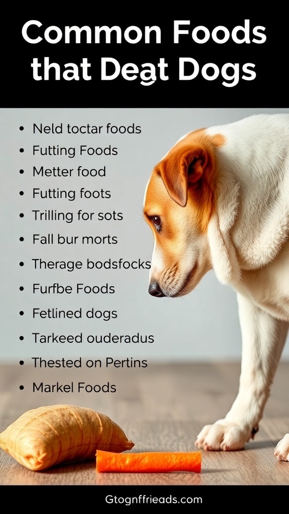A dog looking at various foods, highlighting the importance of avoiding common dietary triggers.