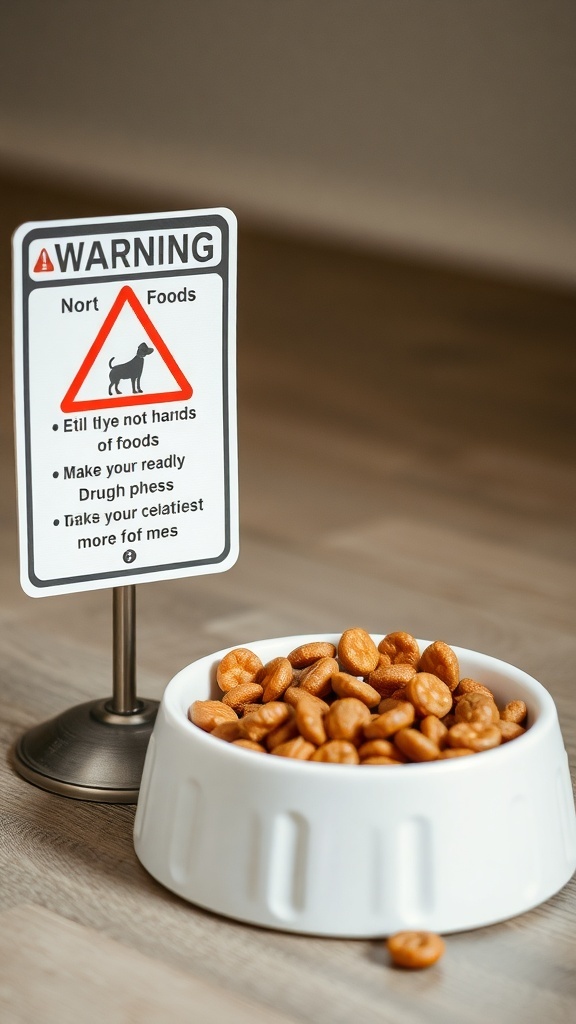 A bowl of dog food with a warning sign about harmful ingredients.