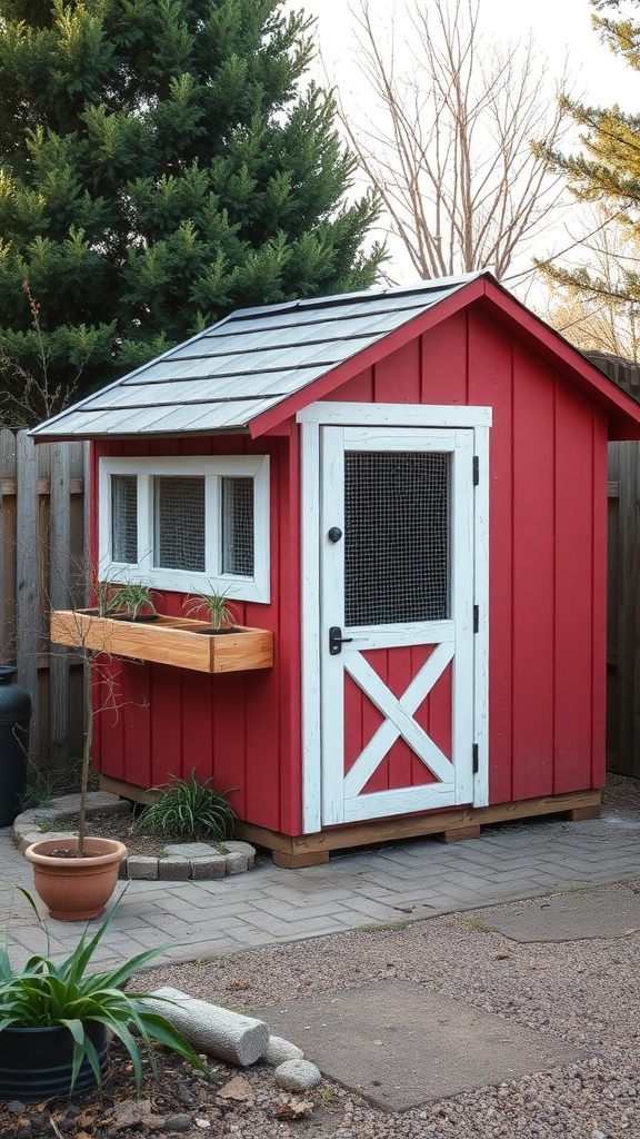 A red barn-style chicken coop with a sloped roof and a planter box.