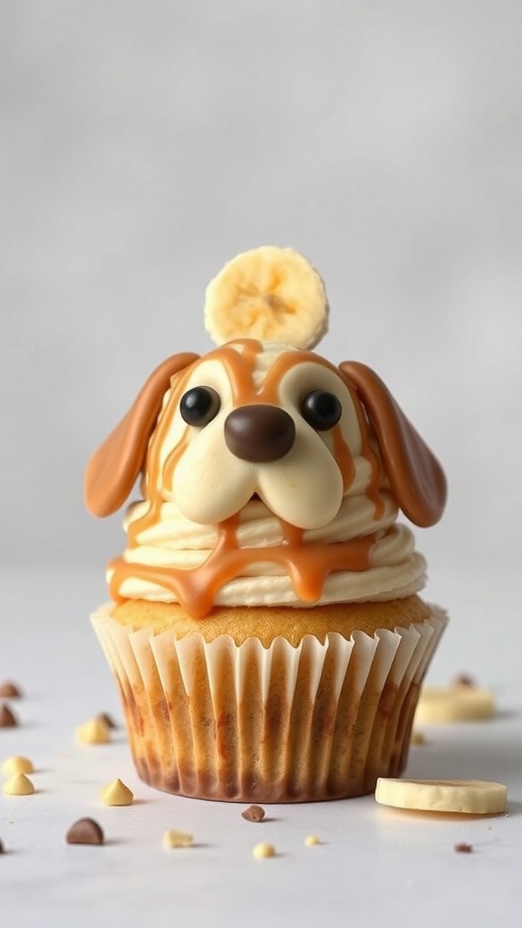 Cute dog-themed cupcakes decorated with banana and peanut butter frosting.