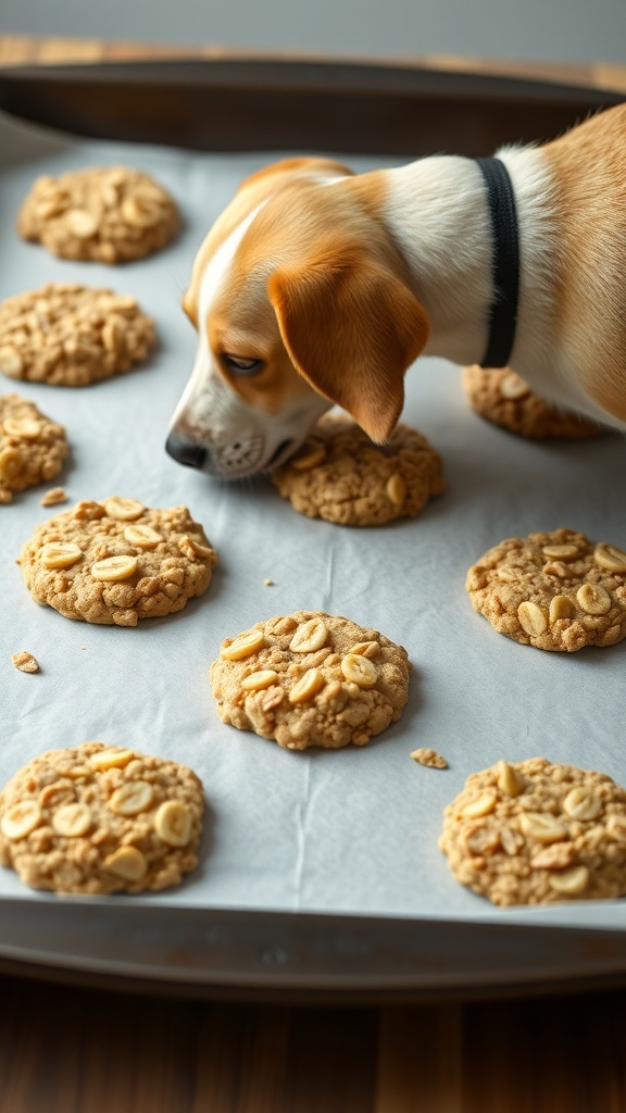 A dog sniffing freshly baked banana oatmeal cookies on a baking tray.