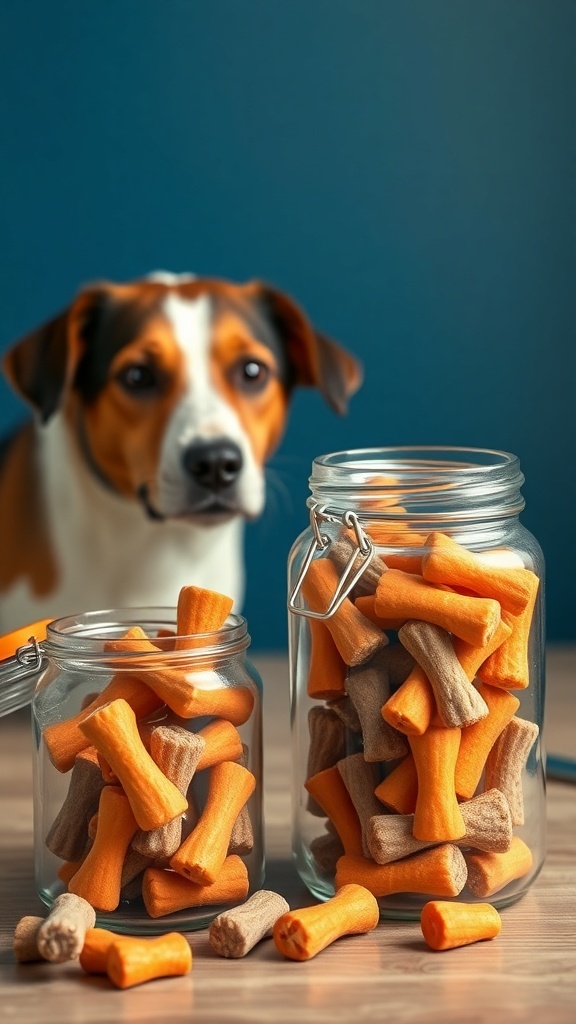 Homemade beef and carrot dog treats in jars with a dog in the background.