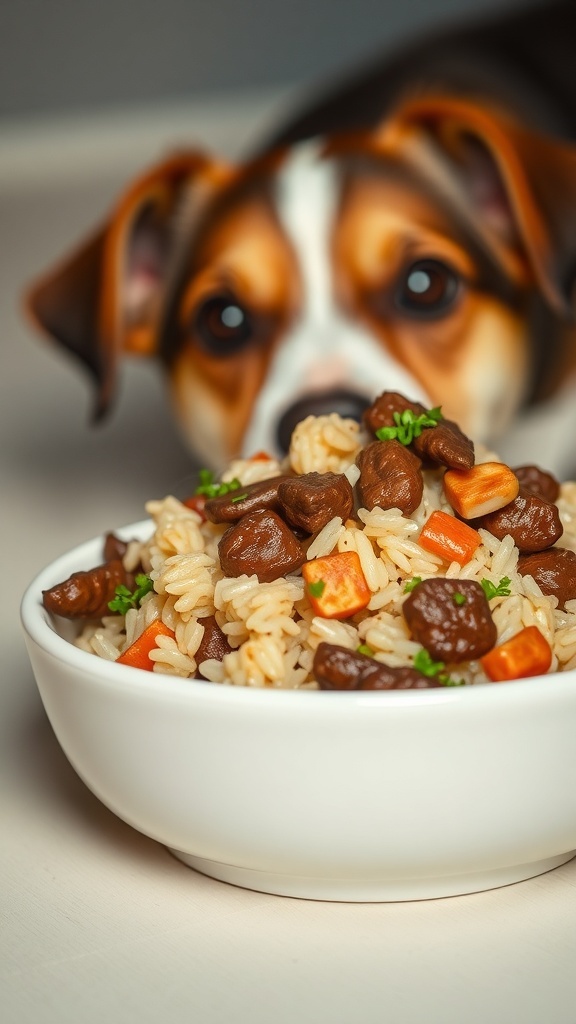 A bowl of beef and rice stir-in meal topper for dogs, with a curious dog in the background.