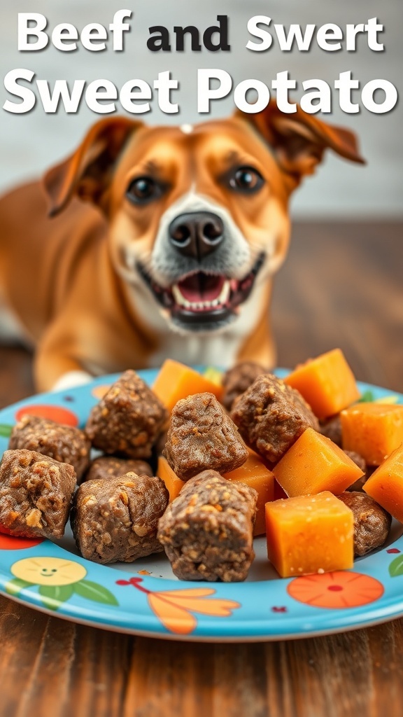 A plate of homemade beef and sweet potato dog treats, with a happy dog in the background.