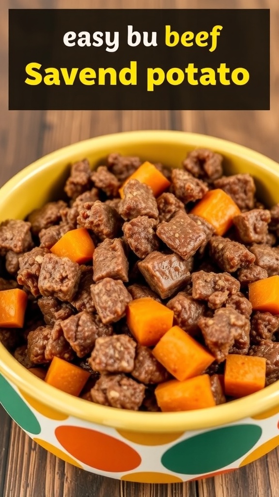 A colorful bowl of beef and sweet potato medley for dogs.