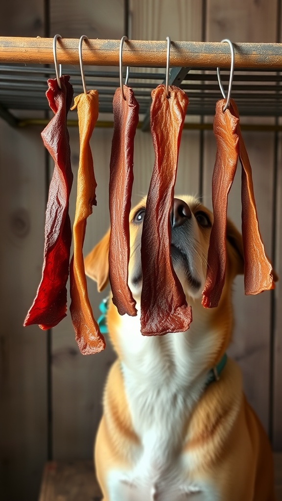 A dog looking at hanging strips of beef jerky on a rack.