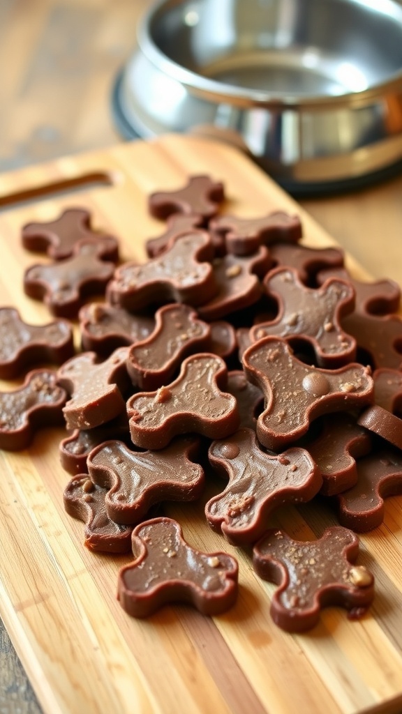 Homemade beef liver dog treats shaped like bones on a wooden cutting board.