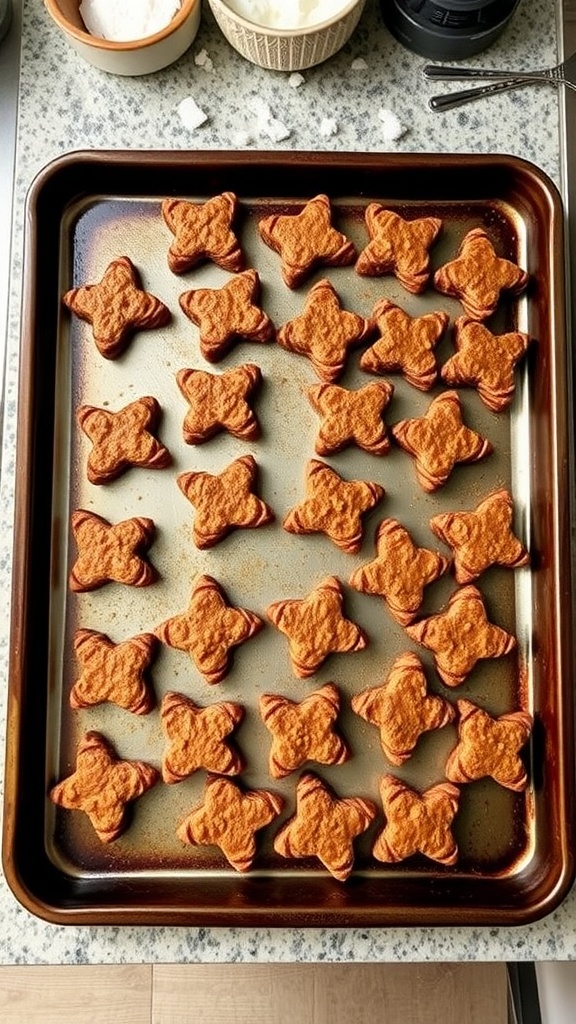Homemade beef liver treats for dogs, shaped like stars, on a baking tray.