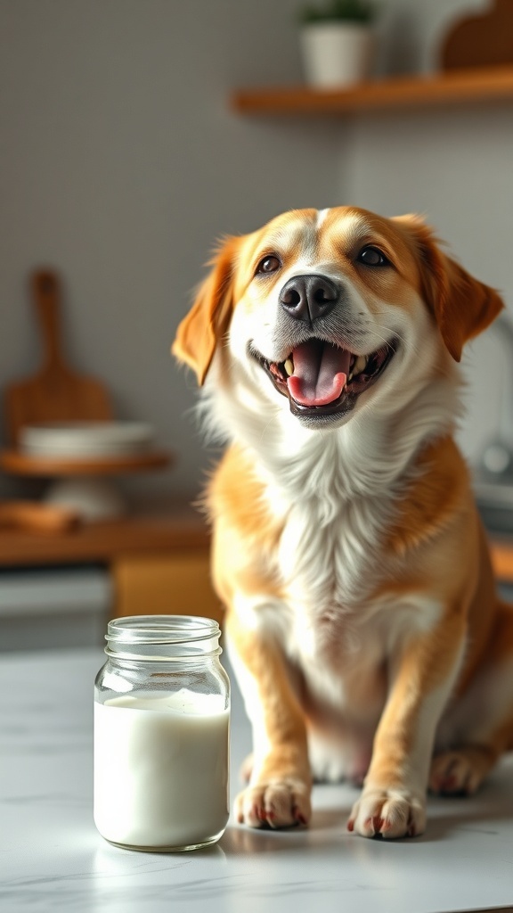 A happy dog sitting next to a jar of homemade dog toothpaste.