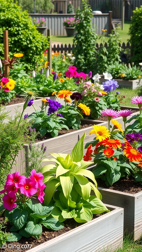 Colorful flowers in raised flower beds surrounded by greenery