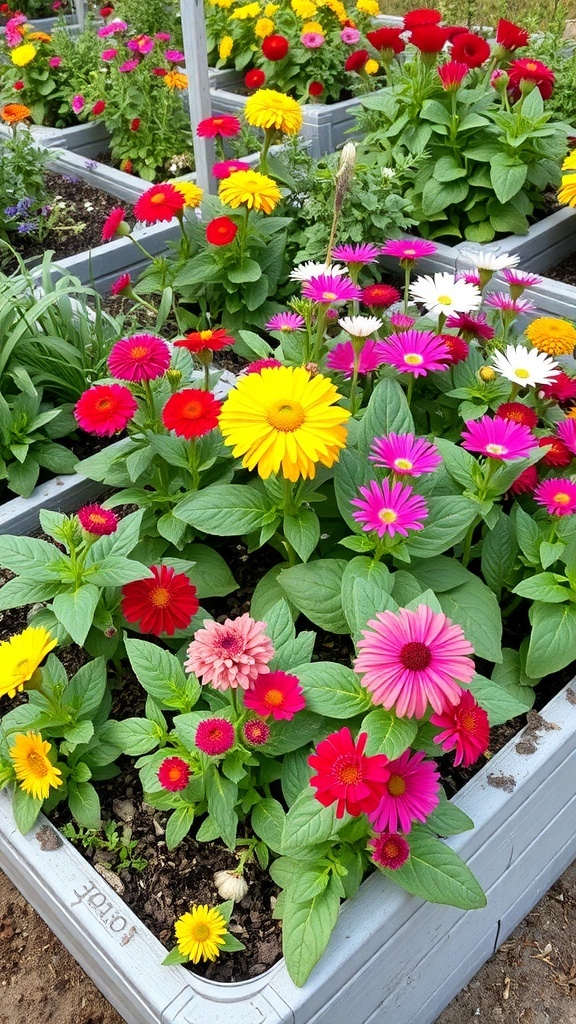 Colorful flowers in raised flower beds, including gerbera daisies, zinnias, and marigolds.