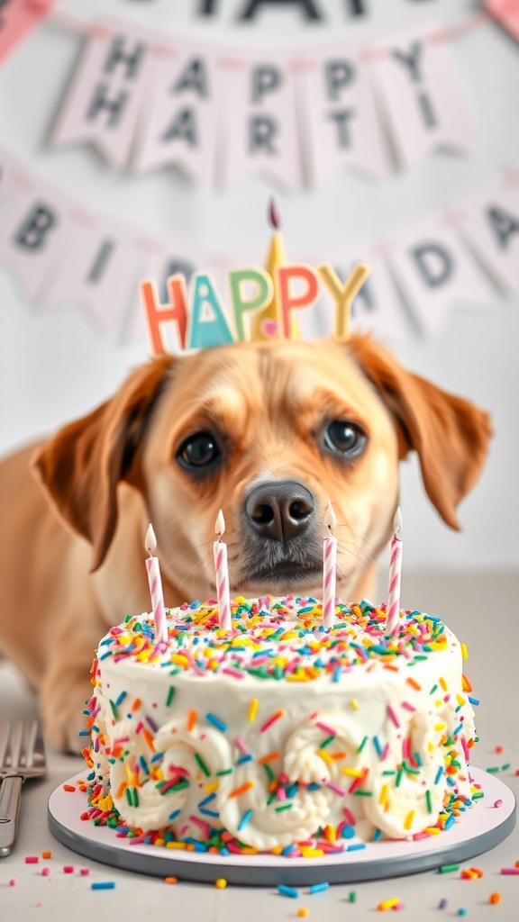 A whimsical dog cake design for a birthday party, featuring a dog's head with candles and colorful sprinkles.