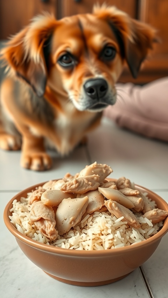A dog looking at a bowl of rice and boiled chicken, a bland diet option for upset stomach.