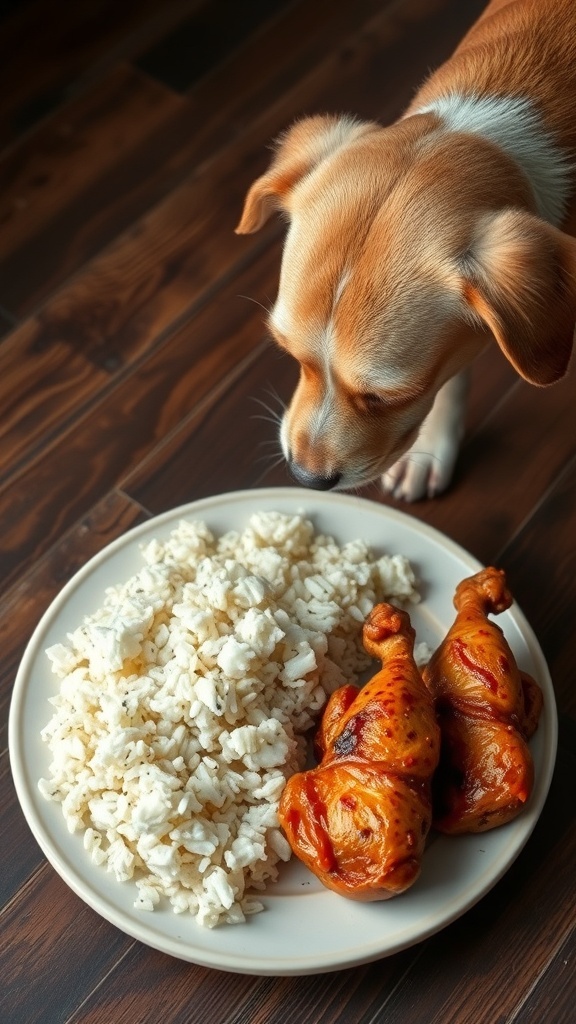 A dog sniffing a plate of rice and chicken, a bland diet option for soothing stomach issues.