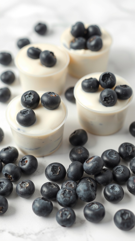 Blueberry and yogurt drops in small cups with fresh blueberries scattered around