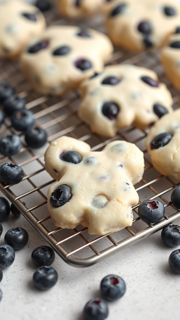 Homemade blueberry and yogurt dog treats on a cooling rack