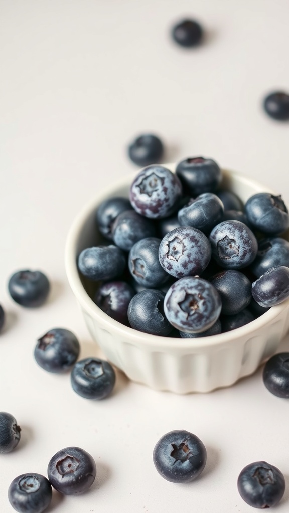 A bowl of fresh blueberries on a light background