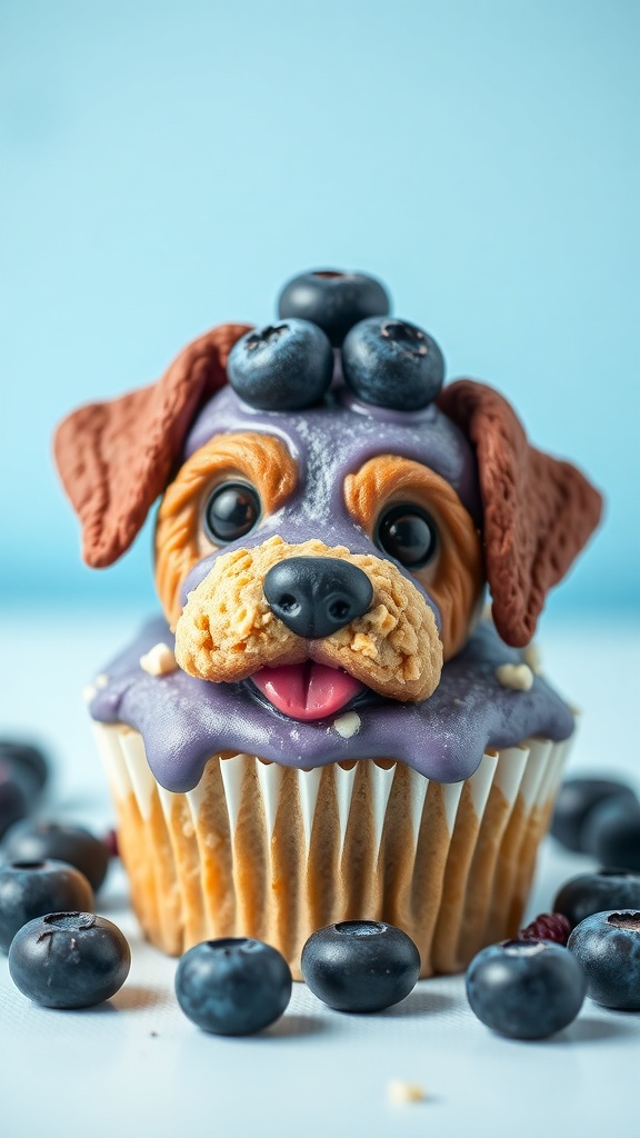 A cute cupcake designed to look like a dog, topped with blueberries.