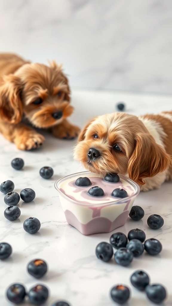Two dogs looking at a bowl of blueberry yogurt drops surrounded by fresh blueberries.