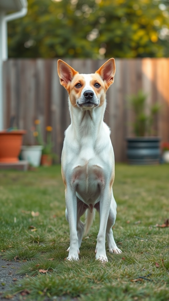 A confident dog standing upright in a grassy area, showcasing its body posture.