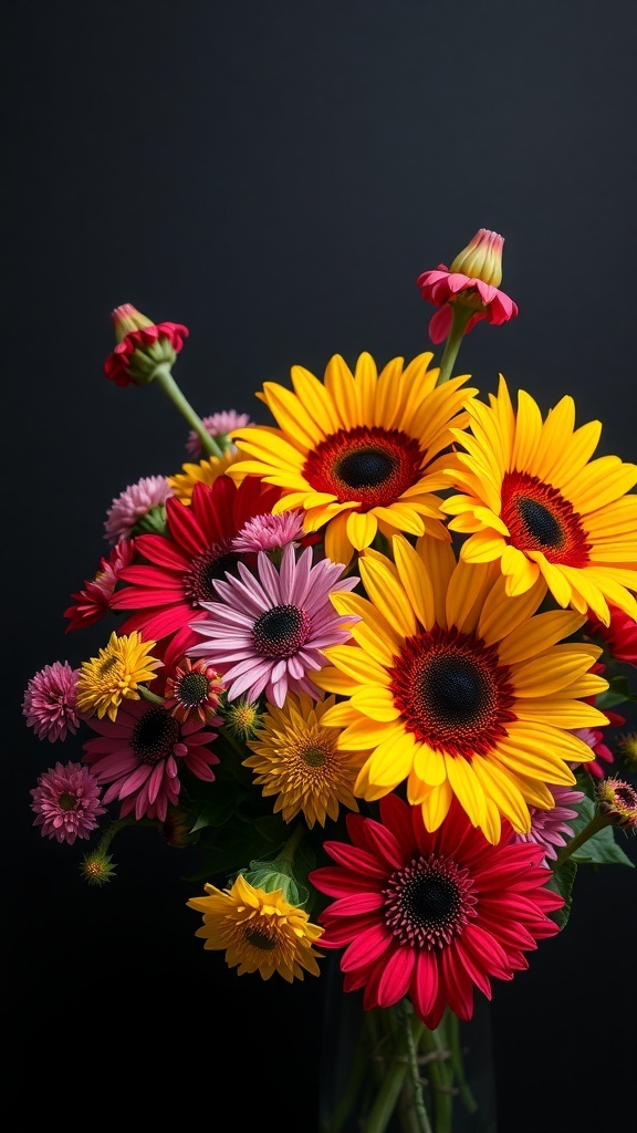 A vibrant wildflower bouquet featuring sunflowers, daisies, and other colorful blooms against a dark background.