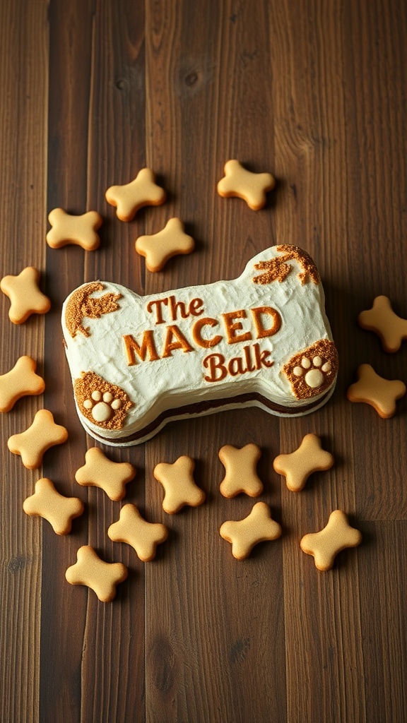 A bone-shaped dog cake with smaller bone-shaped treats around it on a wooden table.
