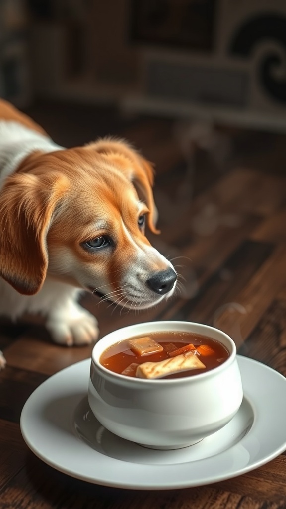 A dog curiously sniffing a bowl of warm bone broth on a wooden table.