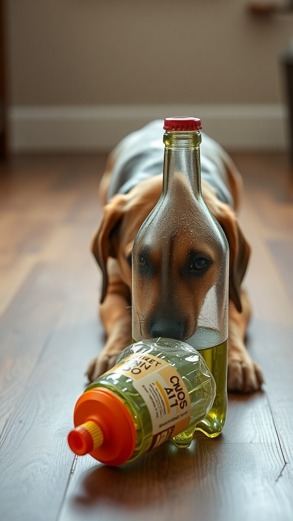 A dog looking at two plastic bottles on the floor, one is a regular bottle and the other is a larger bottle with an orange cap.