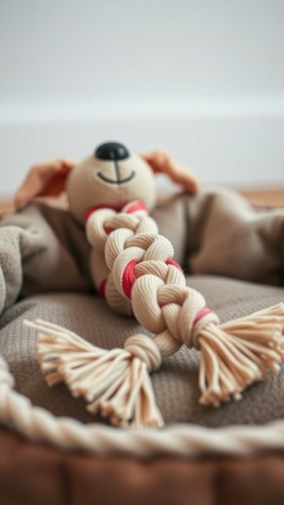 A braided dog toy shaped like a friendly dog with floppy ears, resting on a cozy dog bed.