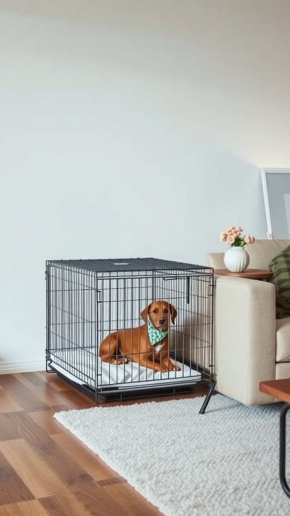 A cozy dog crate with a dog inside, placed in a stylish living room.
