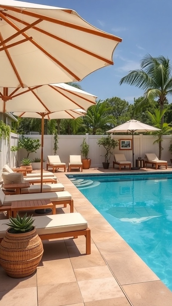 A stylish poolside lounge area with comfortable chairs, umbrellas, and potted plants.