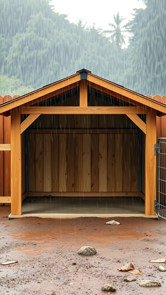 A weather-resistant dog kennel with a sloped roof, designed to keep dogs dry during rain.