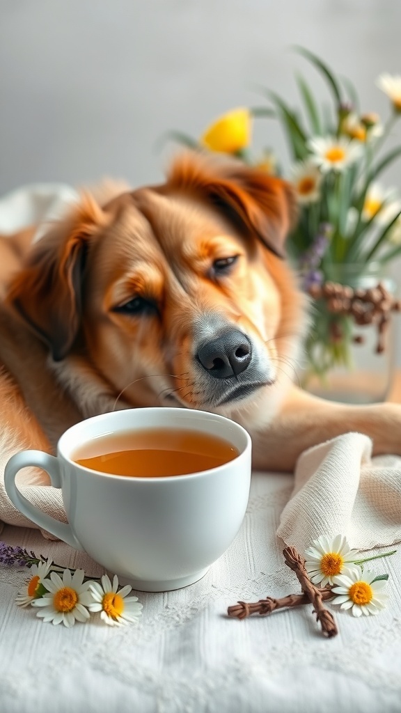 A relaxed dog resting next to a cup of herbal tea with flowers in the background.