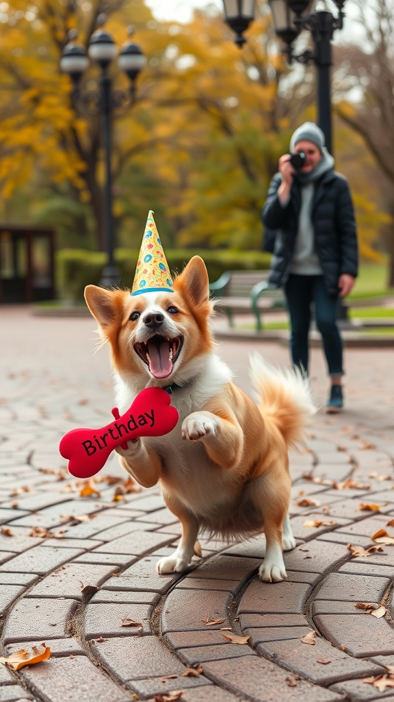 A happy dog wearing a party hat, holding a birthday bone toy in a park setting.