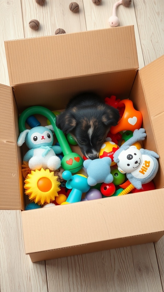 A puppy looking into a cardboard box filled with colorful dog toys.