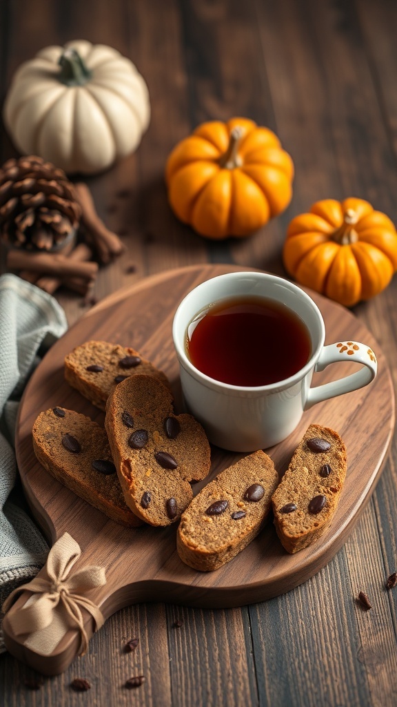 Carob and pumpkin biscotti on a wooden board with pumpkins and a cup of tea
