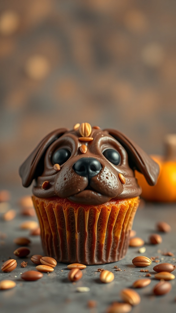 A cute dog cupcake with carob frosting and pumpkin base, surrounded by nuts.