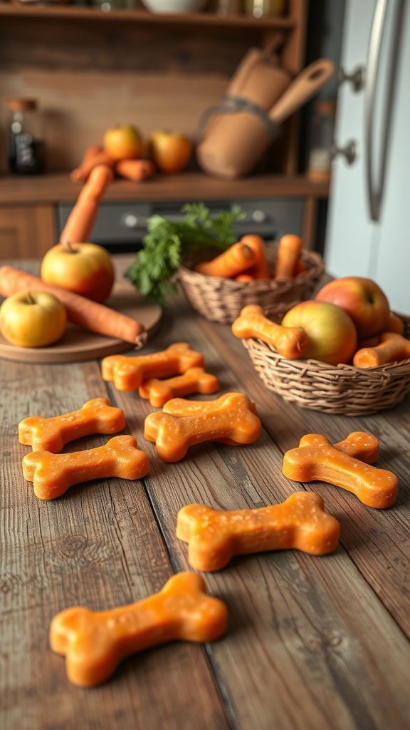 A cozy kitchen with carrot and apple dog treats shaped like bones on a wooden surface.