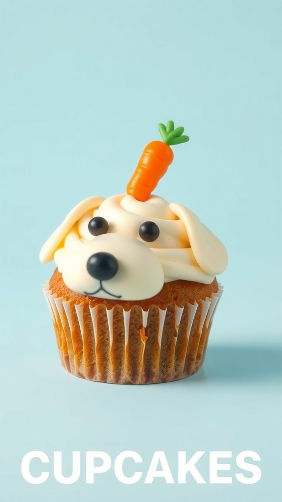 A cute dog cupcake with a carrot on top, resembling a puppy.